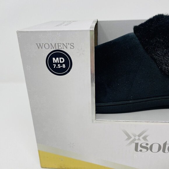 Isotoner Womens 7.5/8 Velour Boxed Clog Slippers Faux-Fur Trim in Black $40 139 - Picture 8 of 9